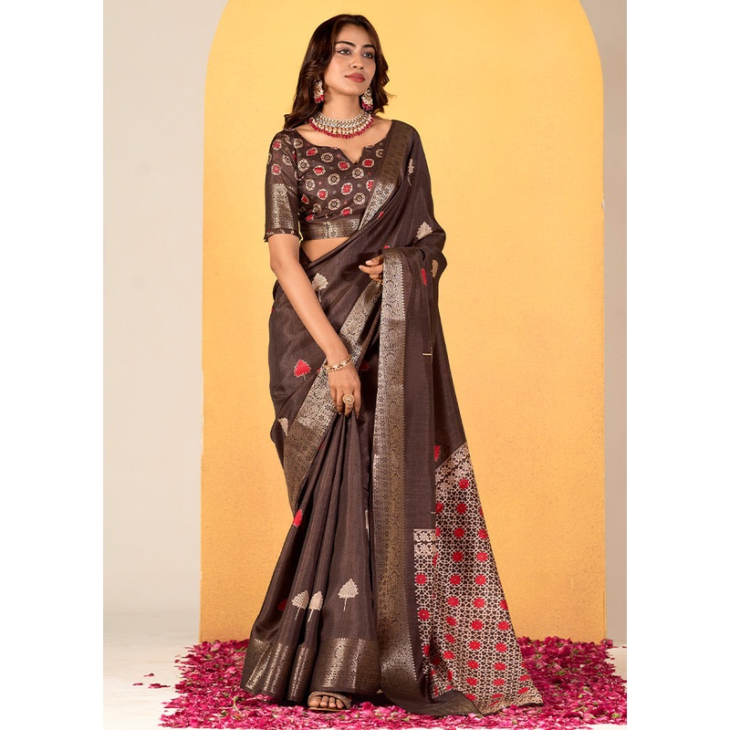 Coffee Dupion Silk Saree With Blouse Piece - JD986613286