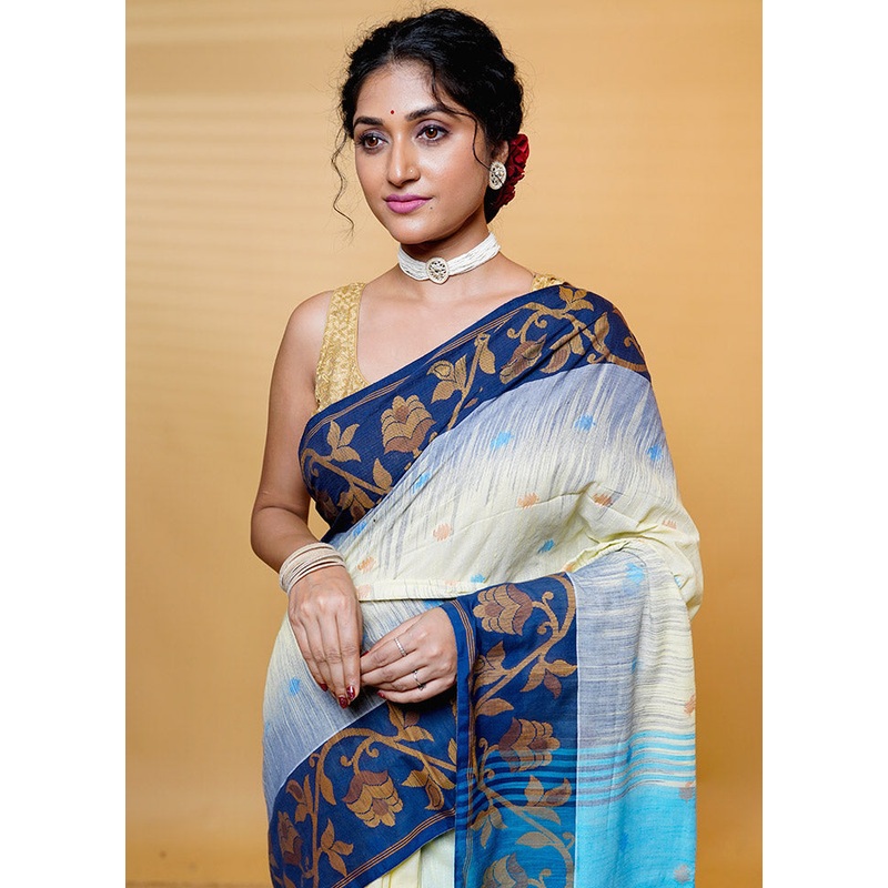 Cream Cotton Saree With Blouse Piece - JD986613233
