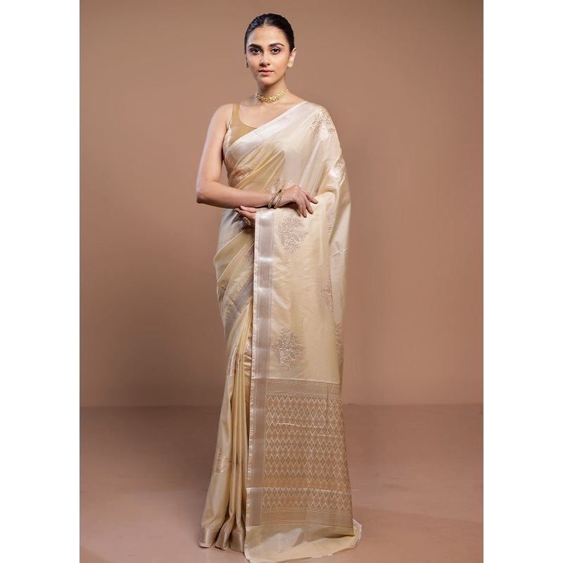 Cream Dupion Silk Saree With Blouse Piece - JD986613095