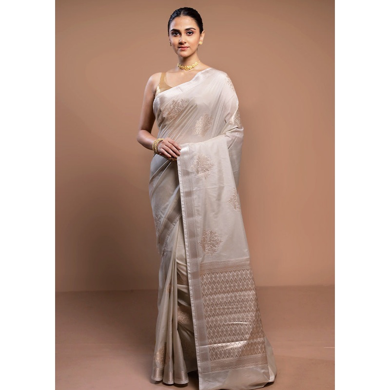 Cream Dupion Silk Saree With Blouse Piece - JD986613096