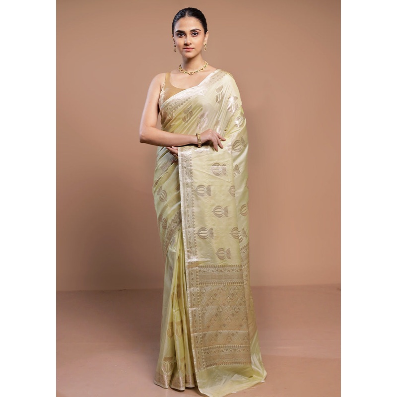 Cream Dupion Silk Saree With Blouse Piece - JD986613097