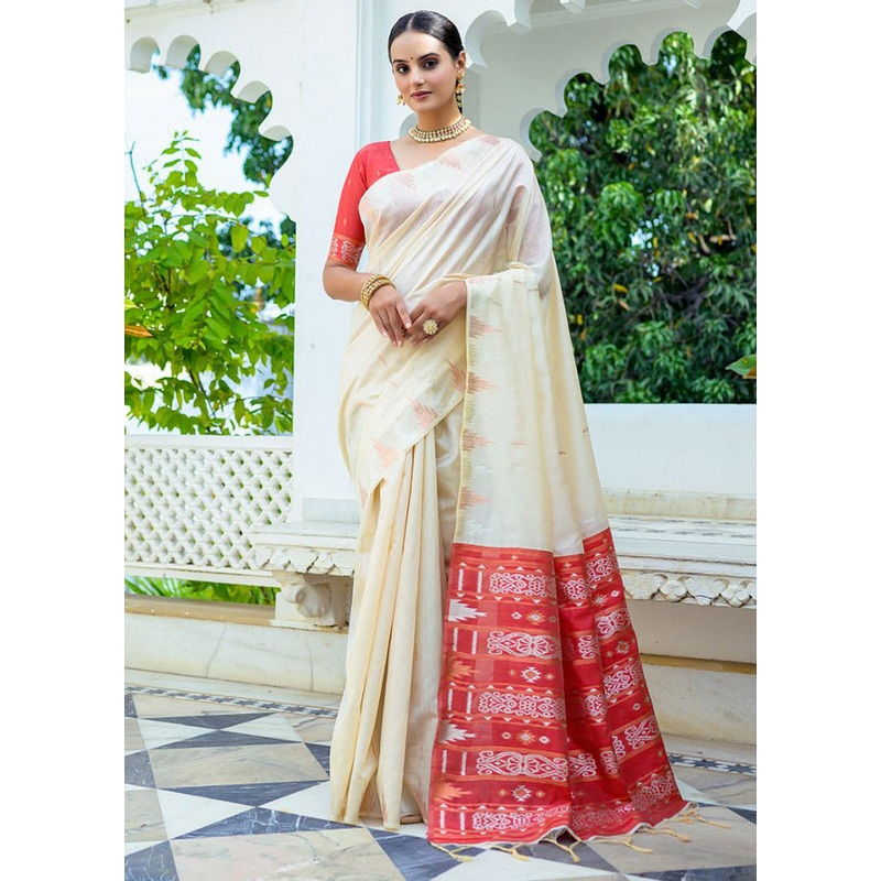 Cream Dupion Silk Saree With Blouse Piece - JD986613128
