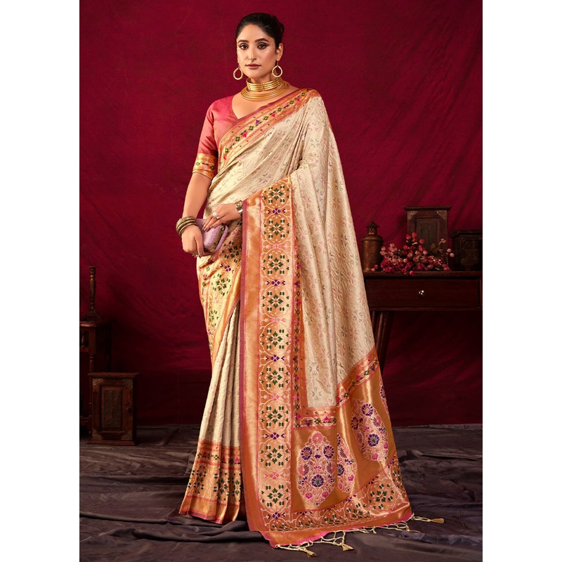 Cream Dupion Silk Saree With Blouse Piece - JD986613129