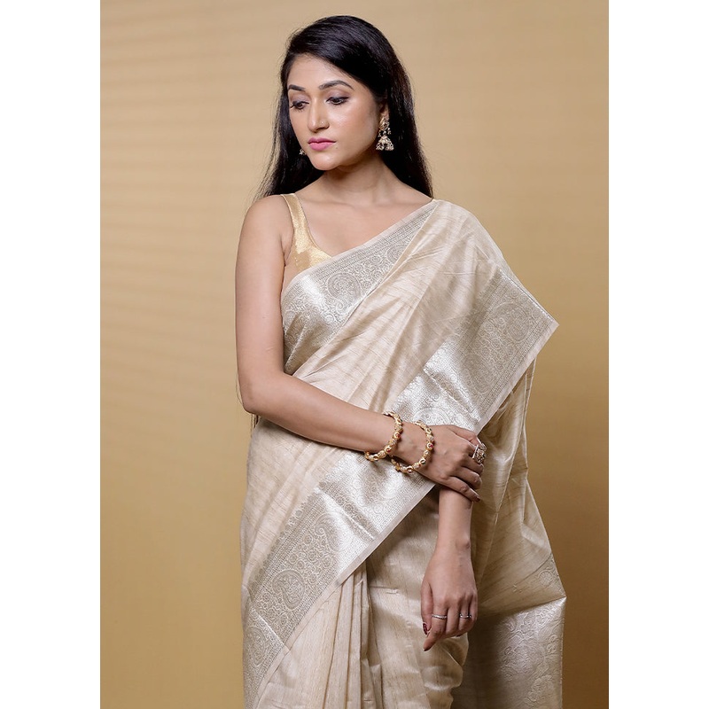 Cream Dupion Silk Saree With Blouse Piece - JD986613157