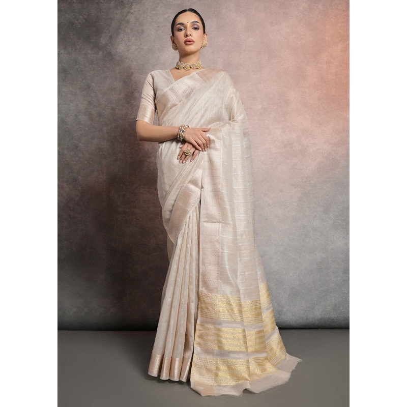 Cream Linen Silk Saree With Blouse Piece - JD986613127