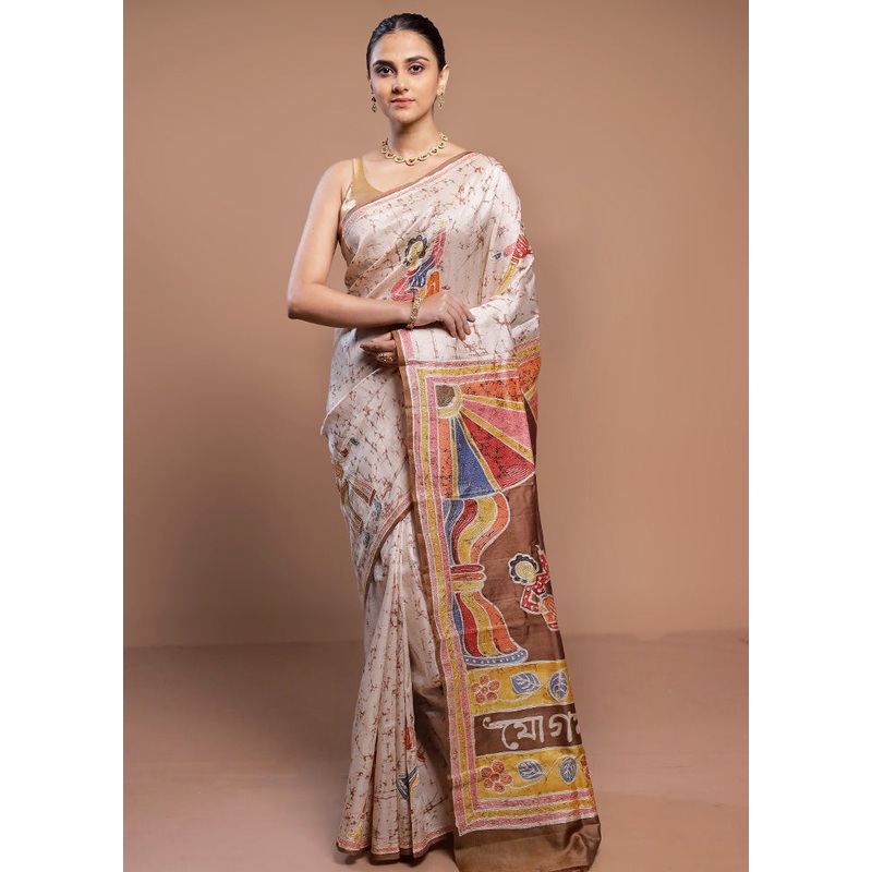 Cream Pure Bishnupuri Stich Saree Without Blouse Piece - JD986613094