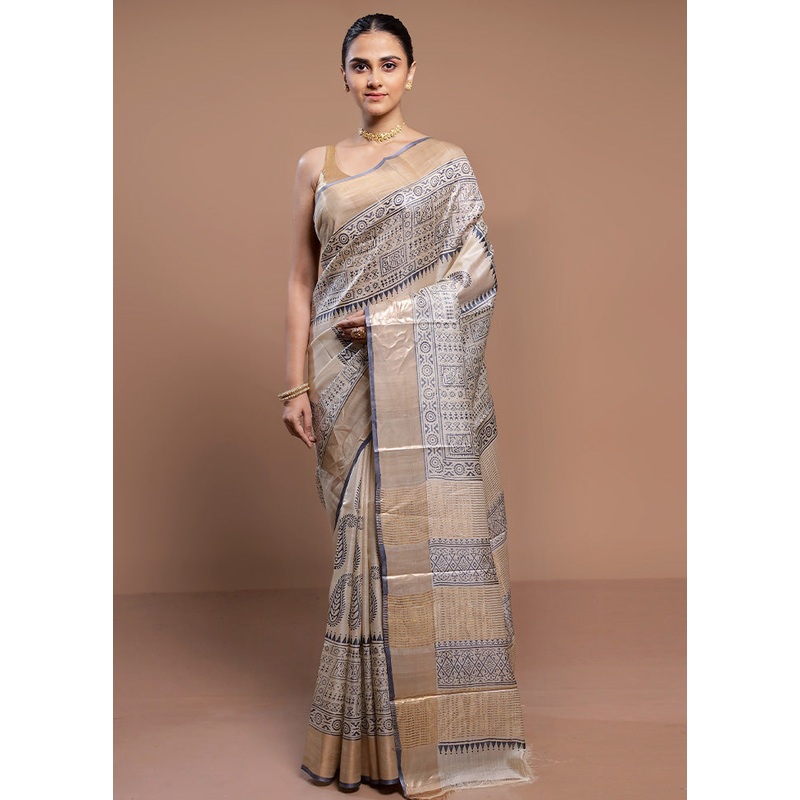 Cream Tussar Silk Saree With Blouse Piece - JD986613092