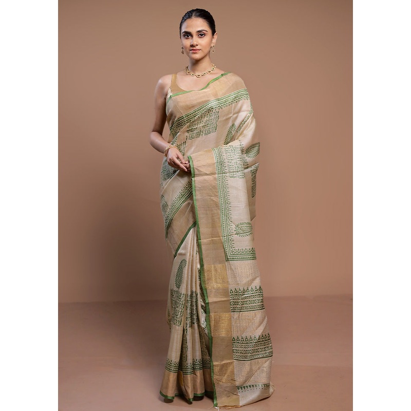 Cream Tussar Silk Saree With Blouse Piece - JD986613093