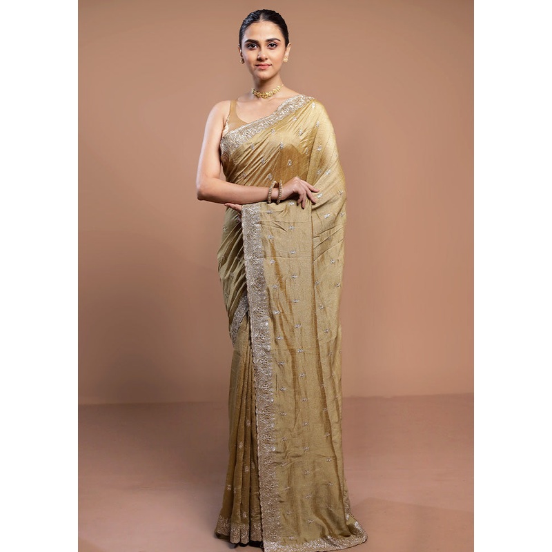 Golden Tussar Silk Saree With Blouse Piece - JD986613091