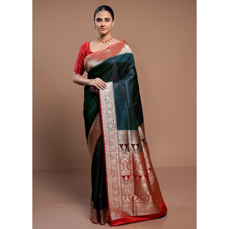 Green Banarasi Silk Saree With Blouse Piece - JD986613090