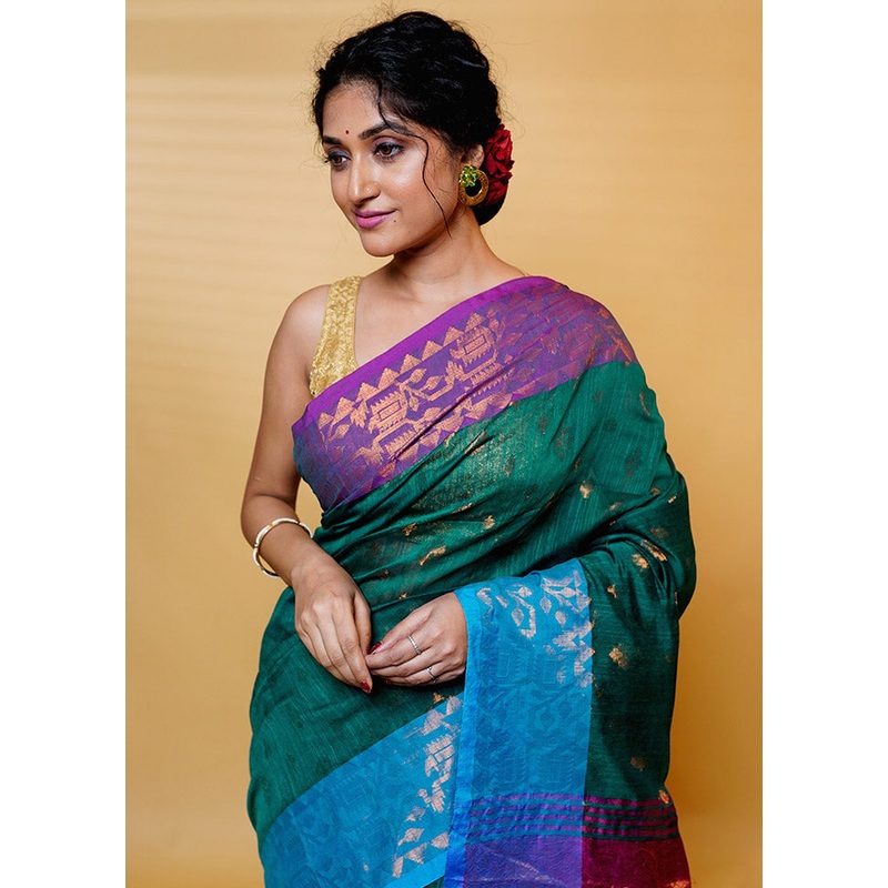 Green Cotton Saree With Blouse Piece - JD986613212