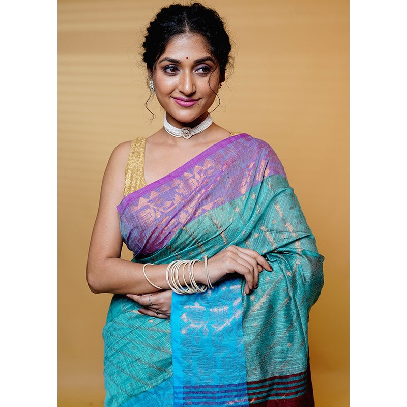 Green Cotton Saree With Blouse Piece - JD986613213