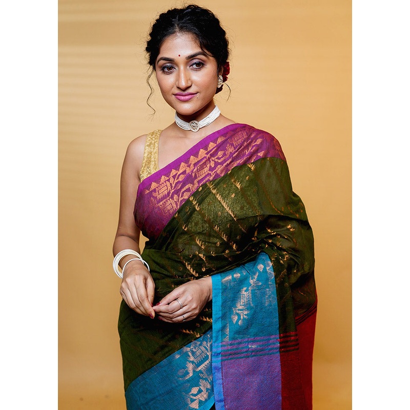 Green Cotton Saree With Blouse Piece - JD986613214