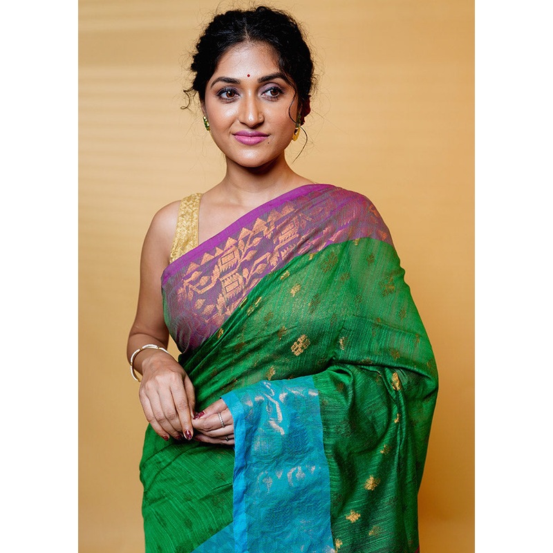 Green Cotton Saree With Blouse Piece - JD986613215