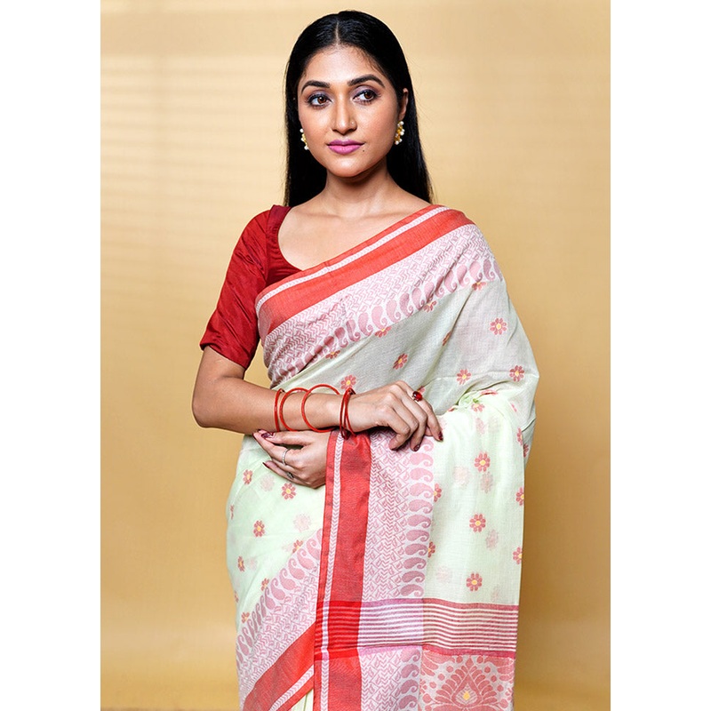 Green Cotton Saree With Blouse Piece - JD986613216