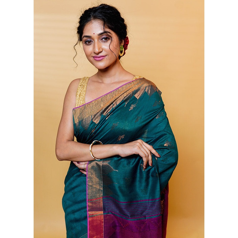 Green Cotton Saree With Blouse Piece - JD986613217
