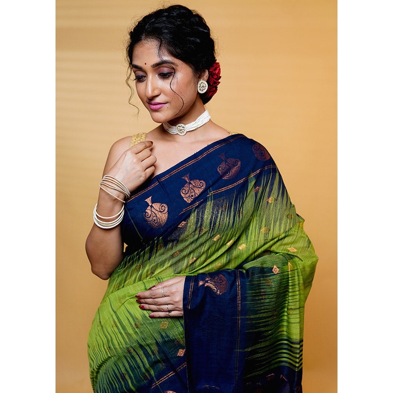 Green Cotton Saree With Blouse Piece - JD986613218
