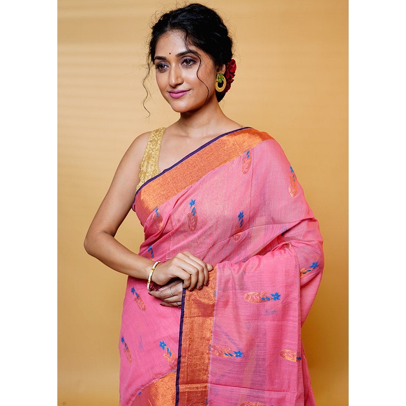 Green Cotton Saree With Blouse Piece - JD986613220