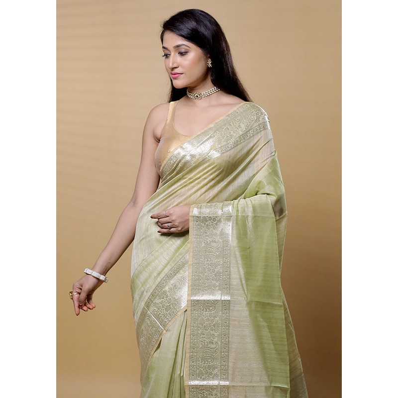 Green Dupion Silk Saree With Blouse Piece - JD986613154