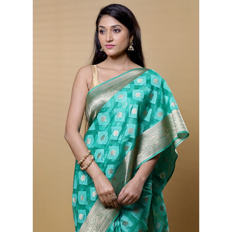 Green Dupion Silk Saree With Blouse Piece - JD986613156