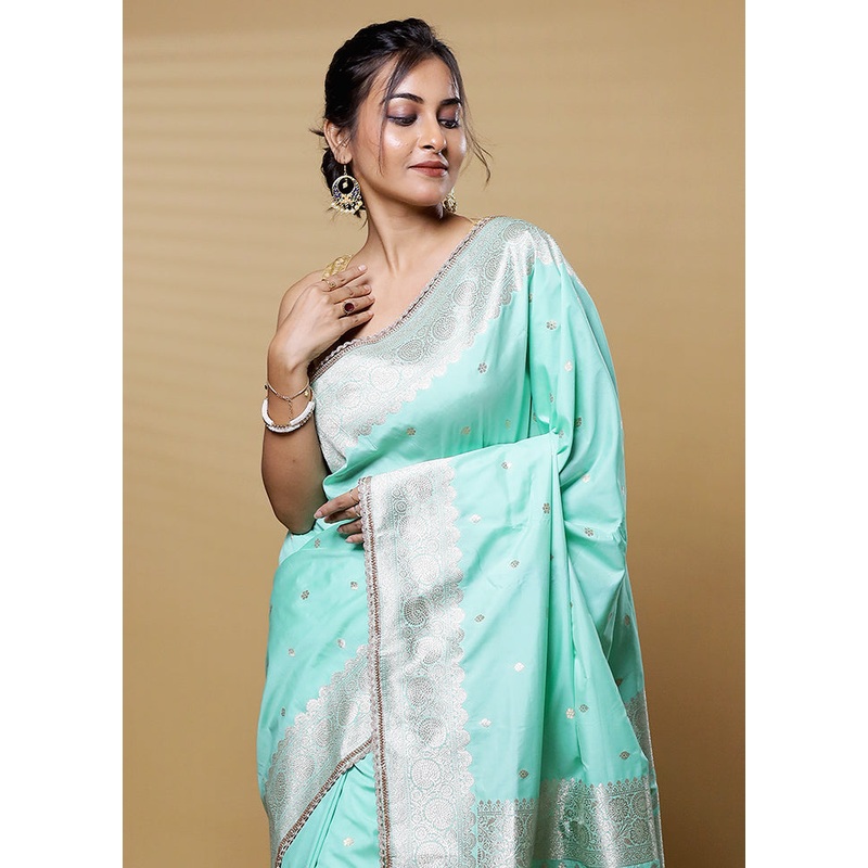 Green Dupion Silk Saree With Blouse Piece - JD986613224