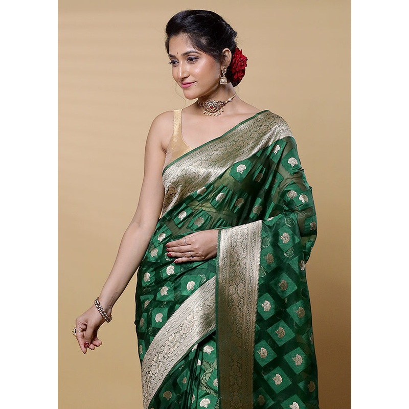 Green Dupion Silk Saree With Blouse Piece - JD986613226