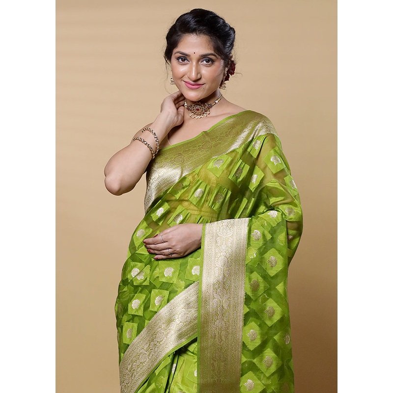 Green Dupion Silk Saree With Blouse Piece - JD986613228