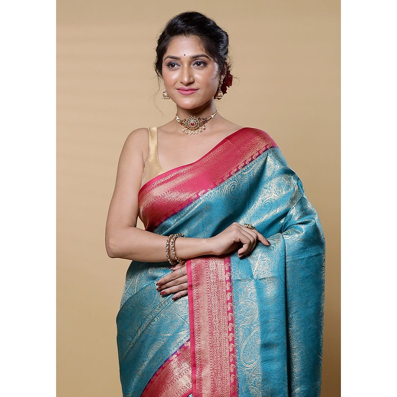 Green Dupion Silk Saree With Blouse Piece - JD986613230