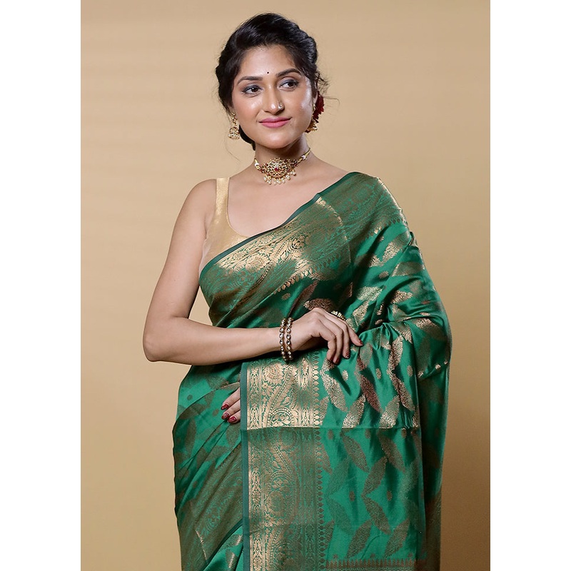 Green Dupion Silk Saree With Blouse Piece - JD986613231
