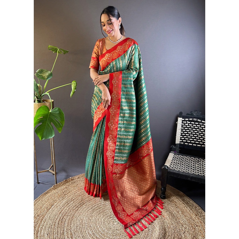Green Dupion Silk Saree With Blouse Piece - JD986613284