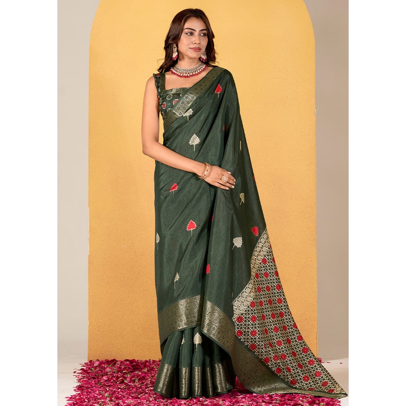 Green Dupion Silk Saree With Blouse Piece - JD986613285