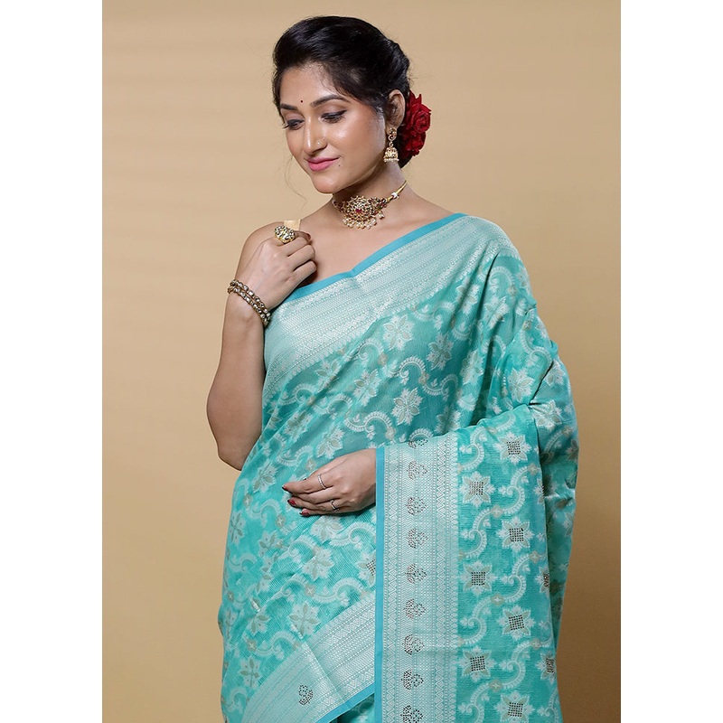 Green Kota Cotton Saree With Blouse Piece - JD986613209