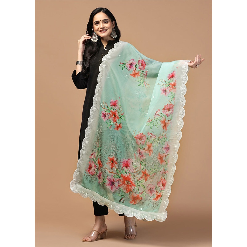 Green Organza Embroidered Work Dupatta - JD986613267