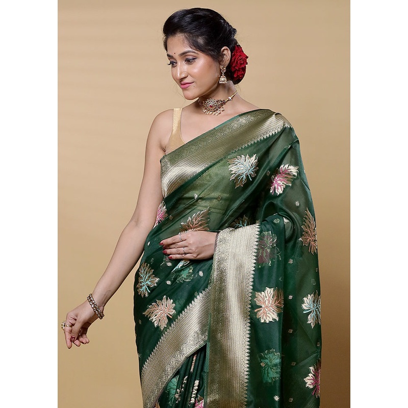 Green Organza Saree With Blouse Piece - JD986613206