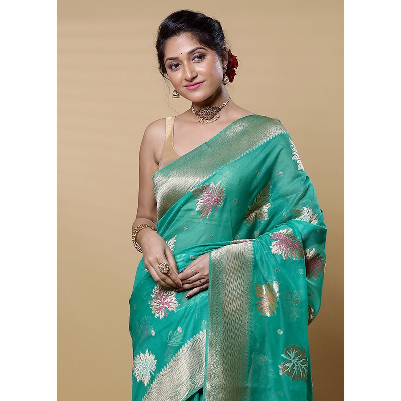 Green Organza Saree With Blouse Piece - JD986613207