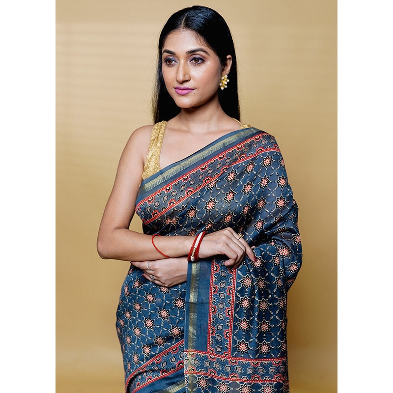 Grey Chanderi Cotton Saree With Blouse Piece - JD986613205