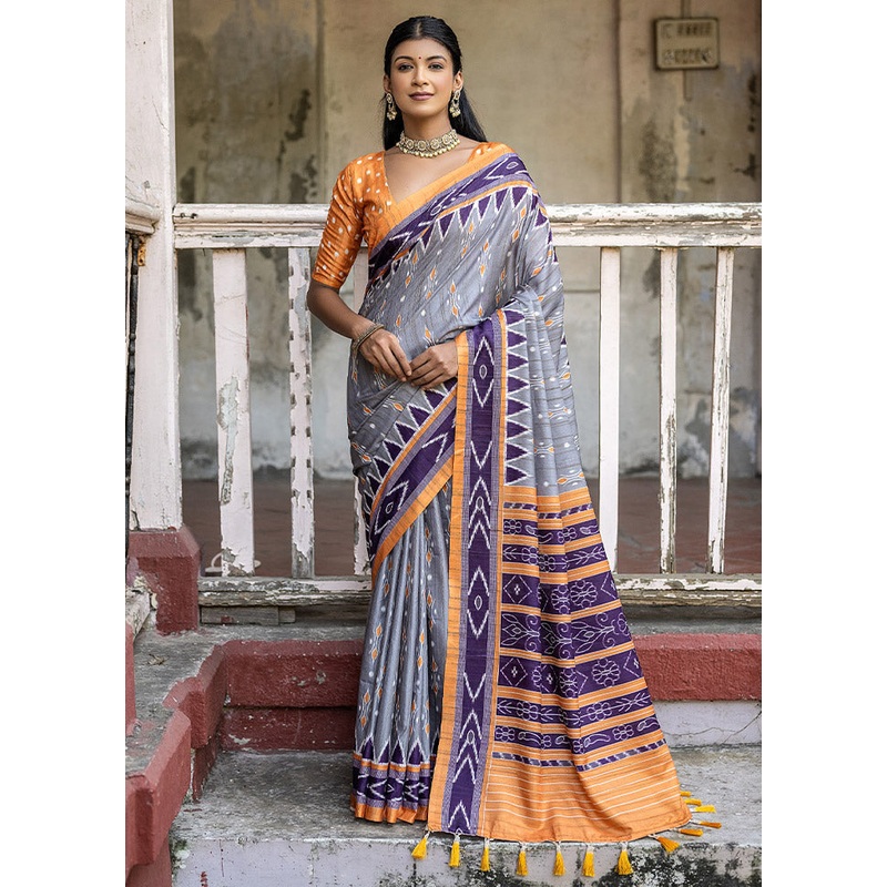 Grey Cotton Saree With Blouse Piece - JD986613118