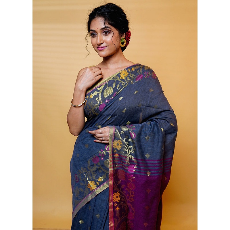 Grey Cotton Saree With Blouse Piece - JD986613200