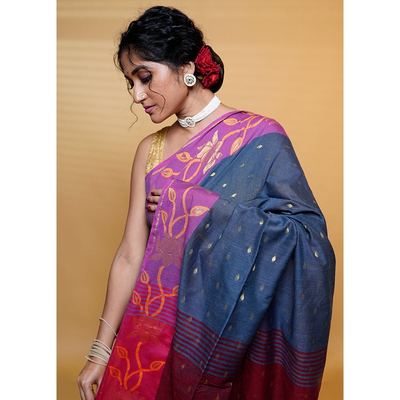Grey Cotton Saree With Blouse Piece - JD986613201
