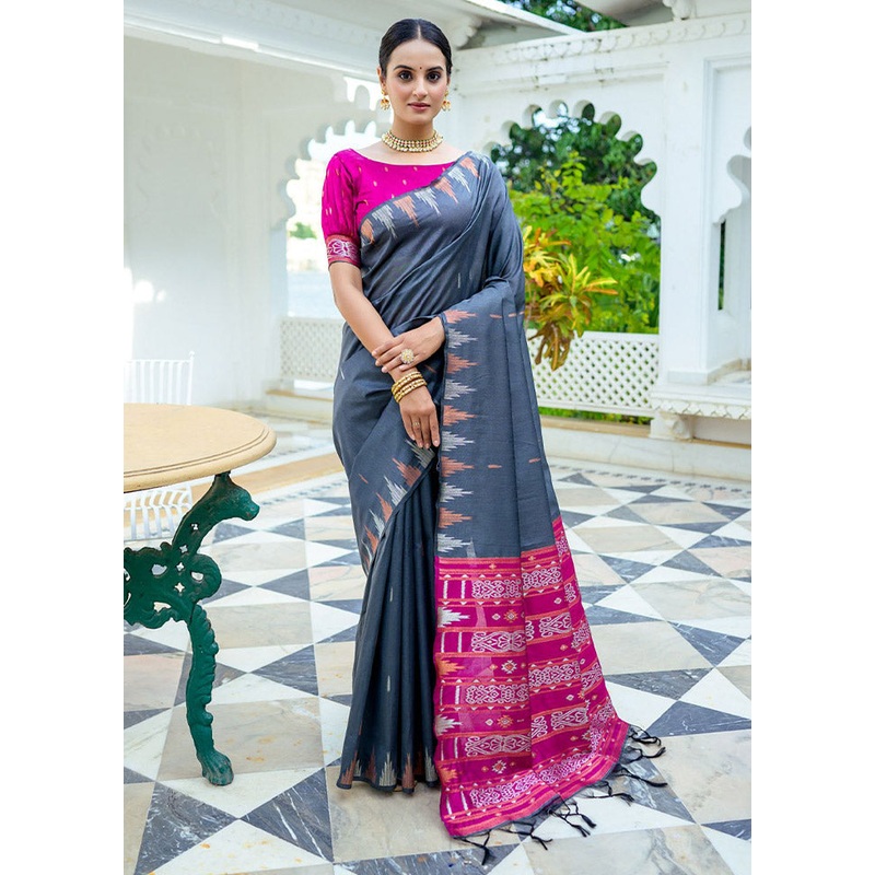 Grey Dupion Silk Saree With Blouse Piece - JD986613117