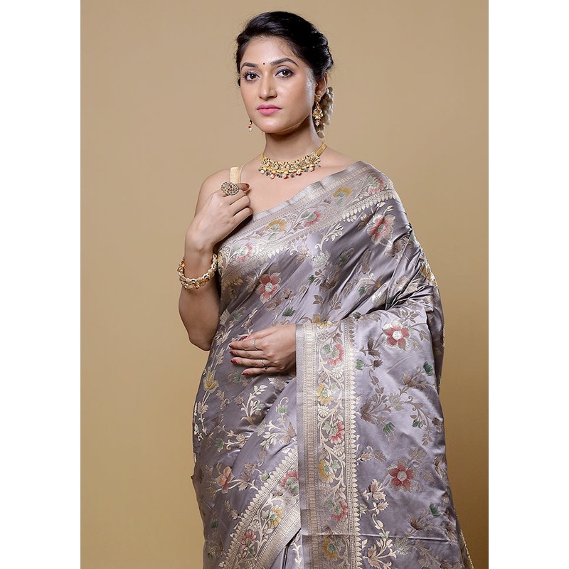Grey Dupion Silk Saree With Blouse Piece - JD986613148