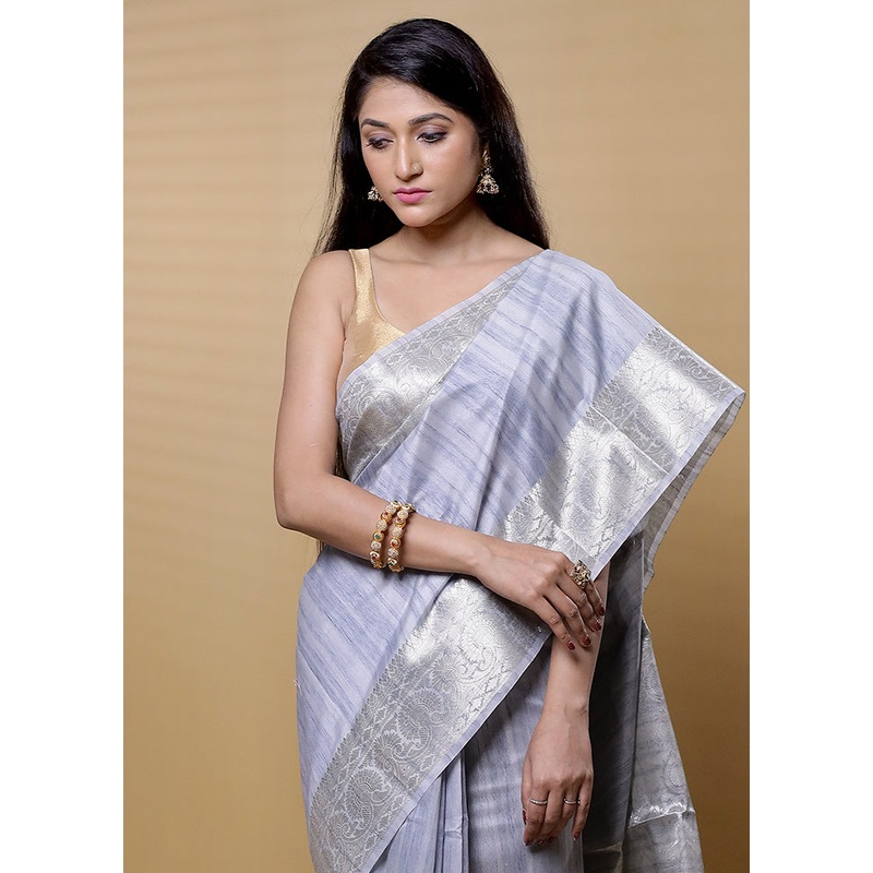 Grey Dupion Silk Saree With Blouse Piece - JD986613150