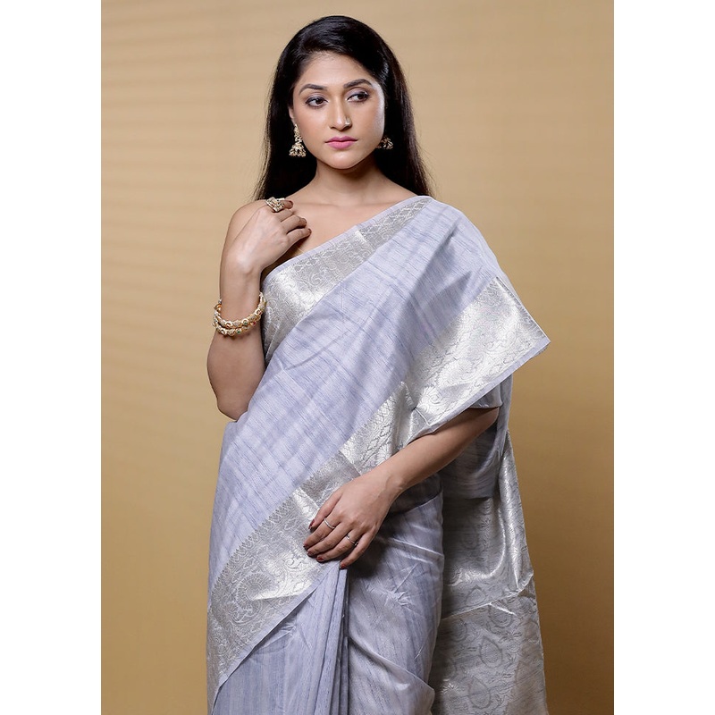 Grey Dupion Silk Saree With Blouse Piece - JD986613151
