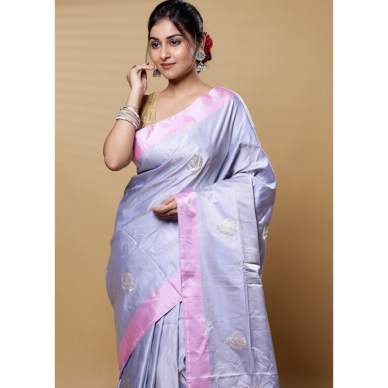 Grey Handloom Banarasi Pure Silk Saree With Blouse Piece - JD986613202