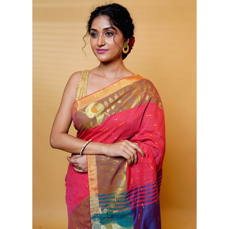 Maroon Cotton Saree With Blouse Piece - JD986613197