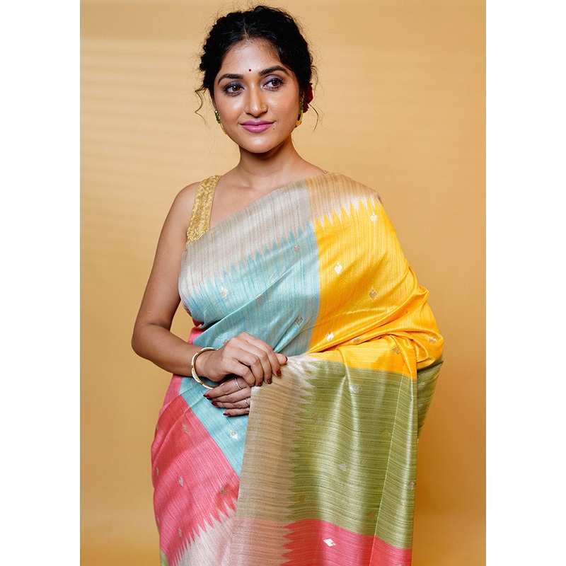 Multicolor Tussar Silk Saree With Blouse Piece - JD986613194