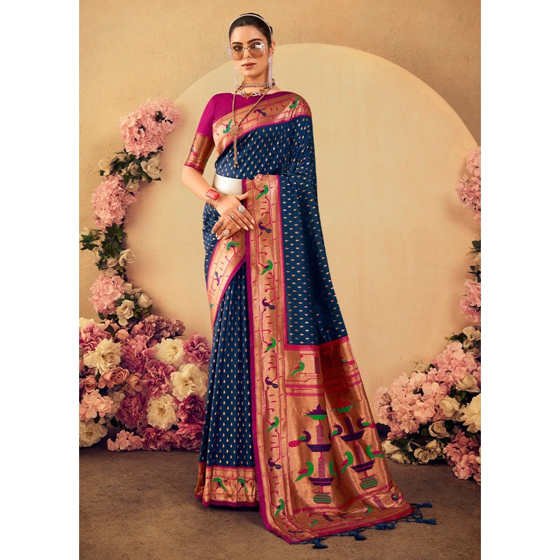 Navy Blue Dupion Silk Saree With Blouse Piece - JD986613111