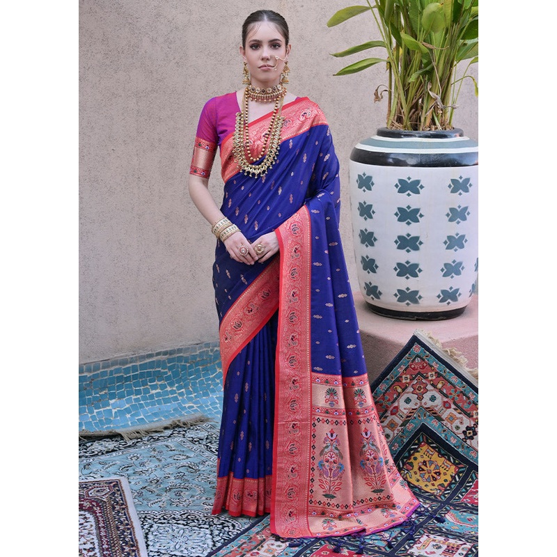 Navy Blue Dupion Silk Saree With Blouse Piece - JD986613112