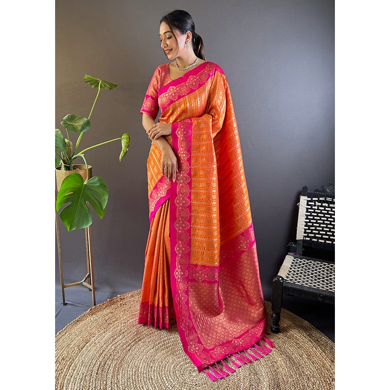 Orange Dupion Silk Saree With Blouse Piece - JD986613281