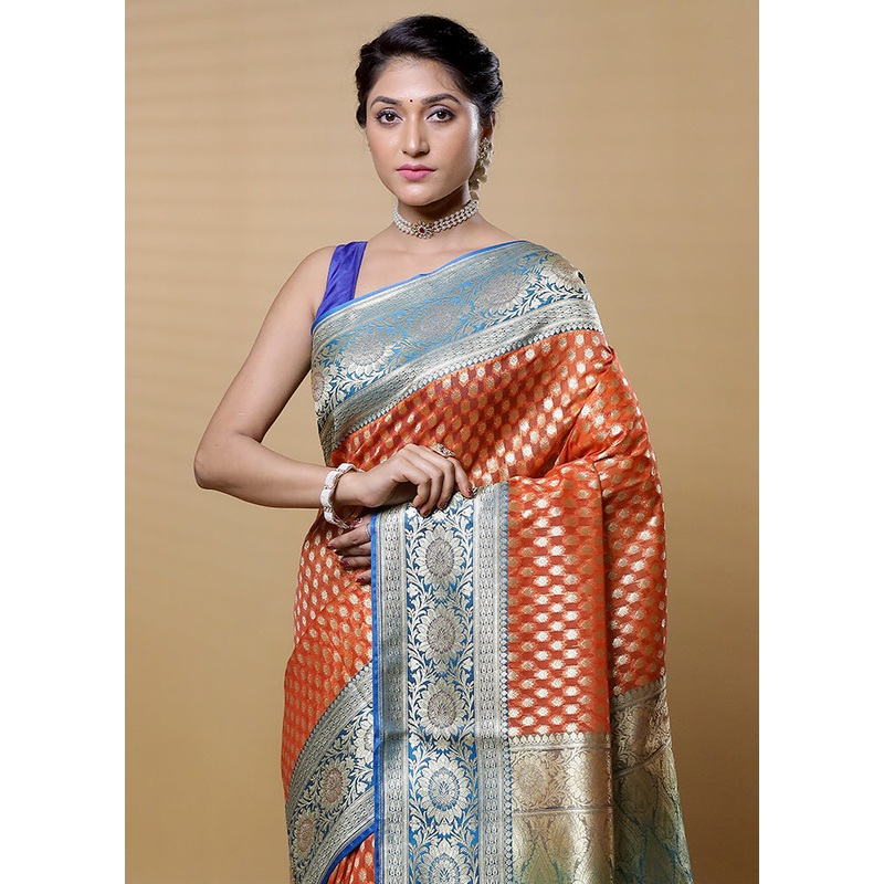Orange Kora Silk Saree With Blouse Piece - JD986613144